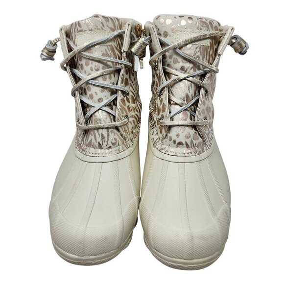 Sperry  Waterproof Beige & White Pattern Textile Upper Rubber Boots Womens 6M - Picture 2 of 9